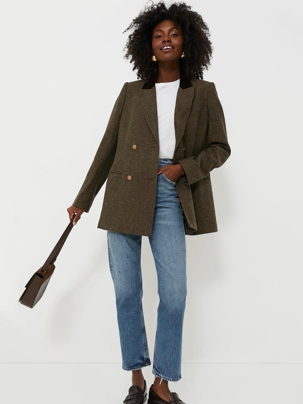 Tuckernuck | Brown Tweed Velvet Collar Double Breasted Blazer XL Wool Blend